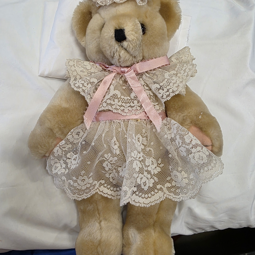 Vintage Teddy Bear with Lace and Ribbon Dress